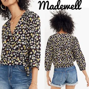 Madewell Black French Moody Dark Floral Wrap Long Sleeve Top S NEW thumbnail 2