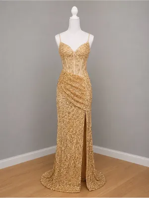 #15-14 Gold Velvet Bustier sequins embroidered appliqué long dress-Small/Size 4 thumbnail 4