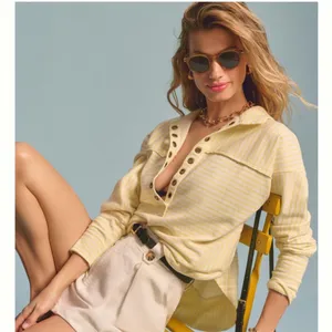 Pilcro Anthropologie Spliced Henley Top Ivory / Oxalis Tint, size L thumbnail 4