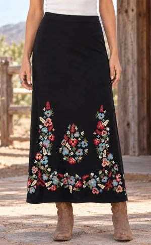 Double D Ranch Womens Embroidered Linen Maxi Skirt XS Black Floral Western Boho thumbnail 1