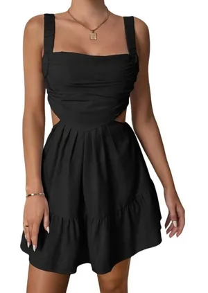 SheIn Ruched Cut Out Ruffle Hem Cami Dress in Black, Size M​​​ thumbnail 1