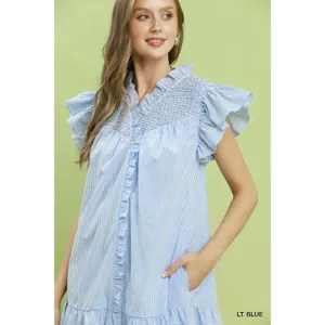 Umgee Stripe Smocked Yoke Ruffle‎ Dress - Lt. Blue - Small thumbnail 6