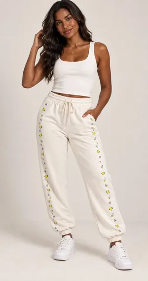 PINK Victoria's Secret Cream Joggers with Yellow Floral Trim thumbnail 1