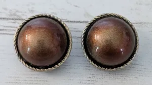 Vintage Clip On Earrings Domed Metallic Brown with Gold Tone Halo thumbnail 1