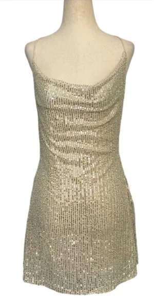 Hello Molly Champagne Gold Sequin Cowl Neck Lace‎ Up Back Mini Dress US 6 Viral thumbnail 1