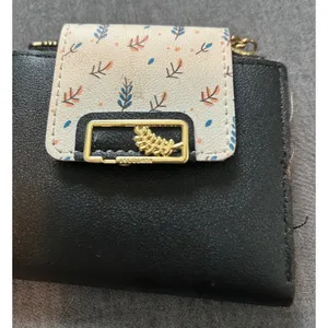 Womens Black Faux Leather Bifold Wallet Floral Snap Tassel Zipper Gold Leaf thumbnail 2
