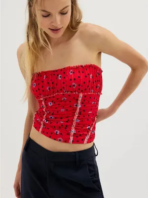 Free People Red Scottie Printed Tube Sleeveless Top Stretchy Sz L BarbieCore thumbnail 1