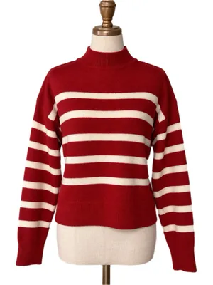 La Miel Red & Cream Striped Dolman Sleeve Preppy Mock Neck Sweater Small New thumbnail 4