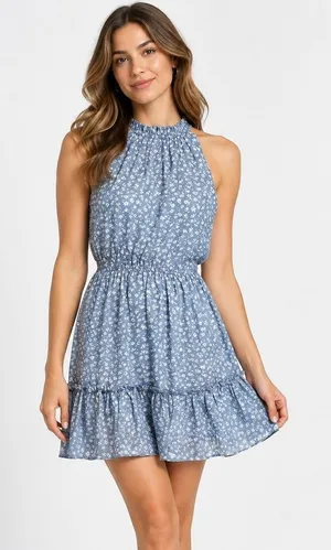 Love Ady NWT Blue Floral Halter Mini Dress Ruffle Hem Summer Sundress Size Large thumbnail 1