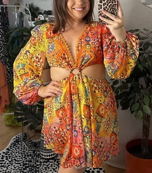 Plunge V-Neck Long Sleeve Cut Out Mini Dress Yellow Orange thumbnail 1
