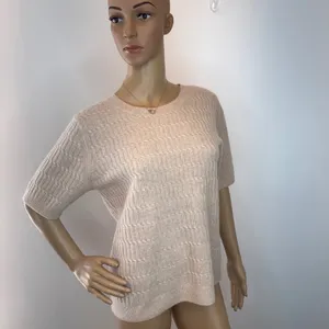 Magaschoni 100% Cashmere Short‎ Sleeve Sweater Cable Knit Beige Tan Womens S M thumbnail 2