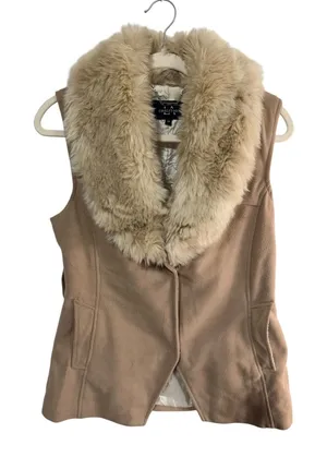 LA Coalition Vest Faux Fur Collar Sleeveless Jacket Women's Size M Tan thumbnail 1