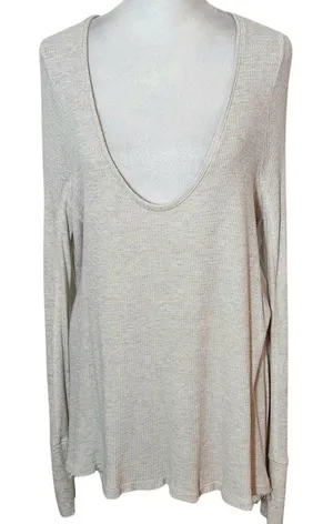 Free People We the Free Oatmeal Distressed Long Sleeve Scoop Neck Top Size Medium thumbnail 1