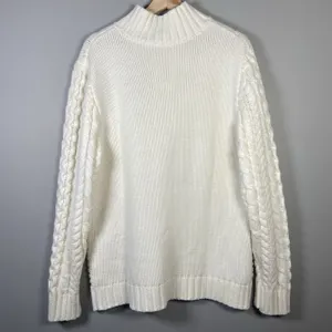 Cable-Knit Ivory‎ Mockneck Cotton Blend Fisherman Sweater Size M Neutral Minimal thumbnail 6