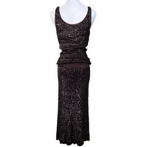 Vtg Chetta B Sequin Crochet Knit 2 Piece Skirt Set Sz M/L Dark Brown 90s Glam thumbnail 5