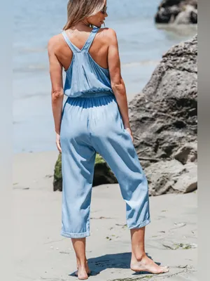 Cupshe Woman’s Lg Light Blue Sleeveless Elastic Waistband Chambray Jumpsuit thumbnail 2