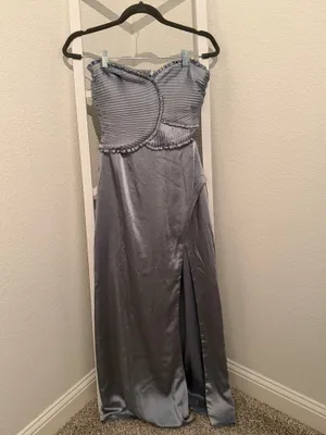 Meshki Larissa Satin Maxi Dress With Ruched Petals in Frosted Blue thumbnail 2