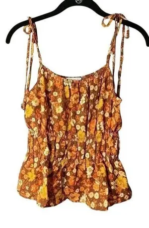Floral Tie-Shoulder Tank Top in Autumn Brown Tones with Peplum Detail‎ thumbnail 1
