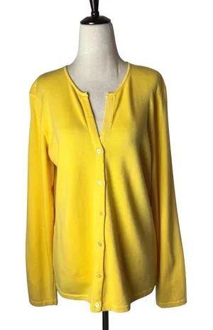 Foxcroft Sweater Women Large Yellow‎ Cotton Blend Knit Cardigan Preppy Classic thumbnail 1