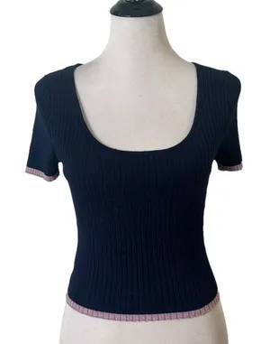Ribbed Knit Cropped Baby Tee‎ Ruffle Edge Top S Navy Blue Pastel Stretch Indie thumbnail 1
