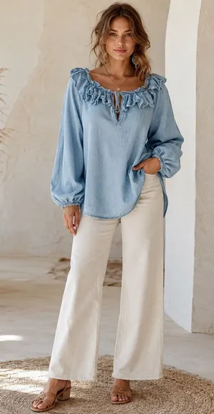 Lauren Ralph Lauren Chambray Womens Top Sz M Ruffle Peasant Boho Coastal Cottage thumbnail 1