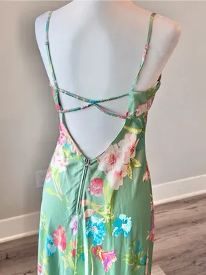 B Darlin Green Floral Satin Slip Midi Dress with Spaghetti Straps thumbnail 6