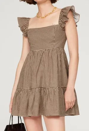 Reformation Jeune Dress Size 10 Brown White Gingham Ruffle Mini Dress thumbnail 1