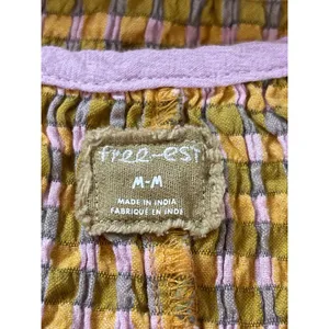 Free EST Free People Boho Mustard Plaid Blouse Peasant Top Balloon Sleeve Tie thumbnail 6