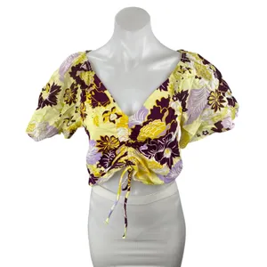 Anthropologie Maeve Womens Multicolor Floral Cinched Crop Peasant Blouse Top M thumbnail 1