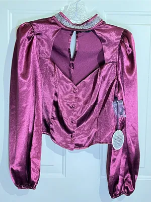 Plum Satin Puff-Sleeve Jewel Collar Blouse thumbnail 1