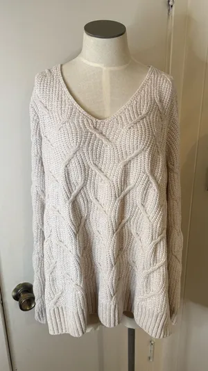 Soft Surroundings Cream Cable Knit V-Neck Sweater Sz XL thumbnail 1