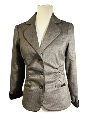 Maurices Dark Charcoal Grey Herringbone Blazer Jacket Ruched Waist Lace Accent Size M thumbnail 1