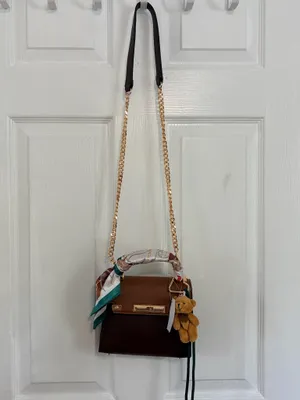 ALDO Brown Top Handle Satchel Handbag Scarf Charm Gold Chain Preppy Chic Quiet Luxury thumbnail 14