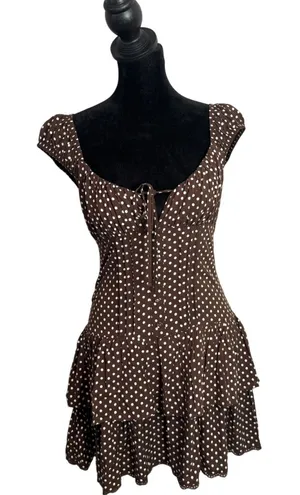 Wild Fable Polka Dot Mini Dress XXS Milkmaid Brown Tiered Ruffle Smocked Lace thumbnail 1