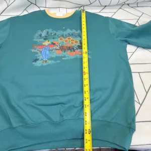 Country Store Sweatshirt Large Teal Green Autumn‎ Scarecrow Pumpkin Sunflower thumbnail 6