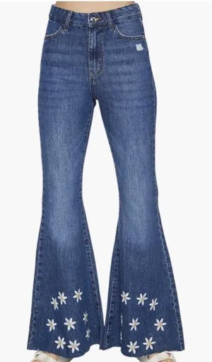 Forever 21 Blue Denim Flare Leg Jeans Daisies-High Rise‎ Size 29 60's thumbnail 1