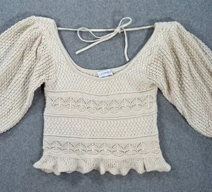 Lucy Paris Knit Puff Sleeve Blouse Women's XS Beige Ruffle Hem Tie Back Boho thumbnail 1
