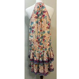 Tolani Boho Floral Halter Ruffle Mini Dress Peach Pink Tassel Smocked Waist thumbnail 7