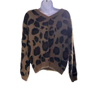 L Love Leopard Print Fuzzy Eyelash Knit Sweater Boho Festival Cozy top size L thumbnail 10