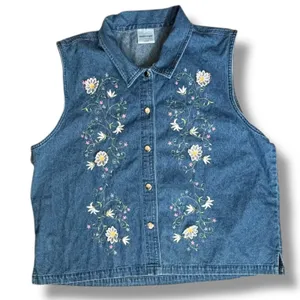 Vintage 90s Embroidered Daisy Floral‎ Sleeveless Medium Wash Chambray Denim XL thumbnail 7