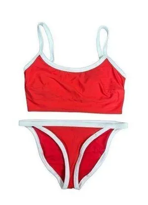 aerie bikini swim set red white ribbed scoop neck longline matching set L thumbnail 1