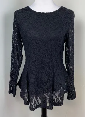 Carmen Marc Valvo Black Lace Long Sleeve Layered Top Medium thumbnail 1