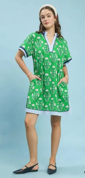 Umgee Printed Split Neck Short Sleeve Shift Dress - Green Mix - Medium thumbnail 1