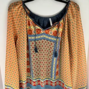 Passports Woman Peach Blue Long Raglan Sleeve V Neck Pullover Blouse Size XL thumbnail 1