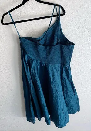 Dahlia Asymmetrical Smocked Mini Dress Teal Sz XL thumbnail 1