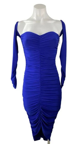 Sabora Blue Ruched Long Sleeve Off Shoulder Sweetheart Neck Midi Bodycon Dress S thumbnail 1