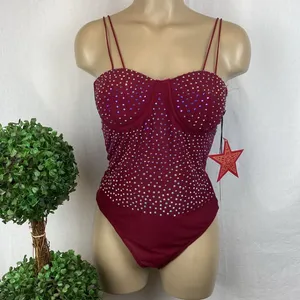 Haute Monde Burgundy Red Rhinestone Embellished Body Suit NEW M thumbnail 2