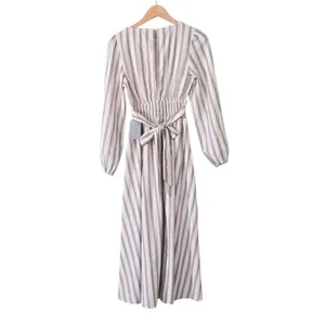 Petal & Pup Striped Linen Blend Smocked Midi Dress Cream Wine Long Sleeve XS NEW thumbnail 3