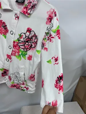 Floral sequin Button-Up Jacket White Pink & Green Flowers pockets L Stained thumbnail 10