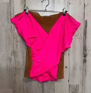 AKIRA Pink & Brown Sheer Mesh Wrap Top 3X Off Shoulder V-Neck Stretch NWT thumbnail 1